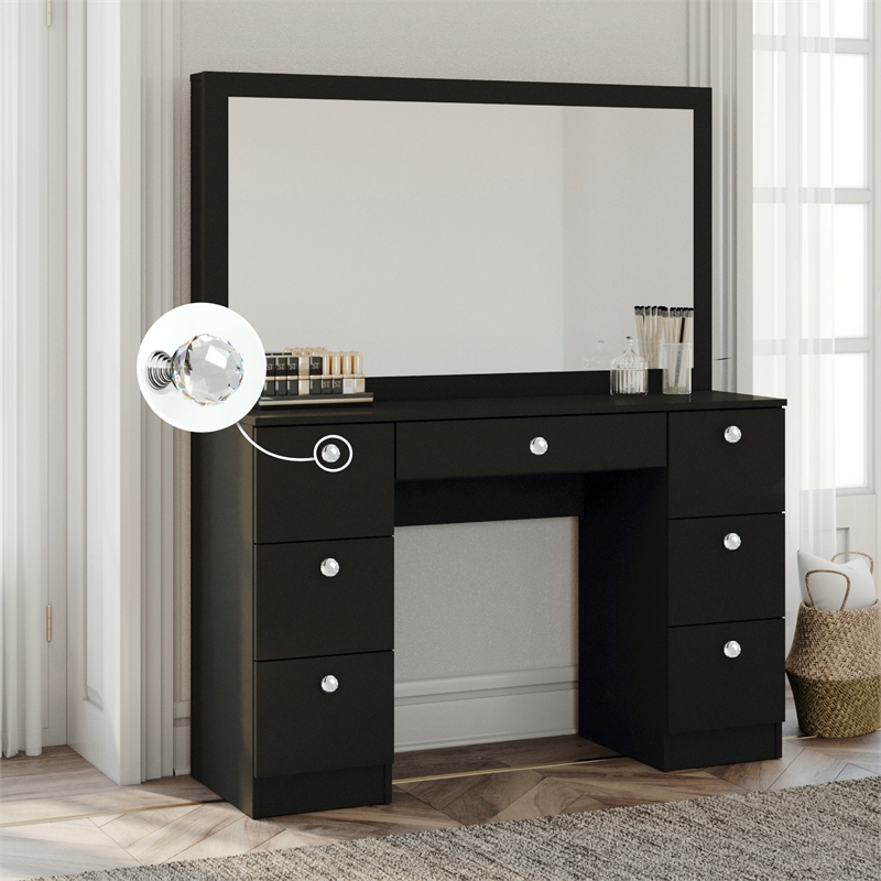 Boahaus Black Artemisia Makeup Vanity Desk (Crystal Ball Knobs)