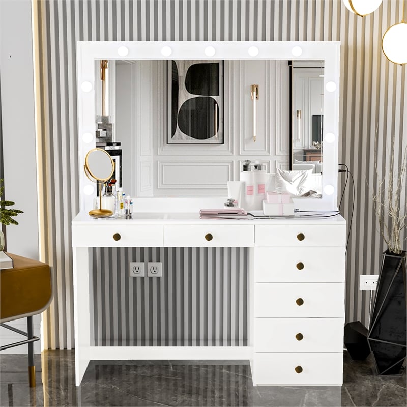 Boahaus Serena White Makeup Vanity (Gold Knobs)