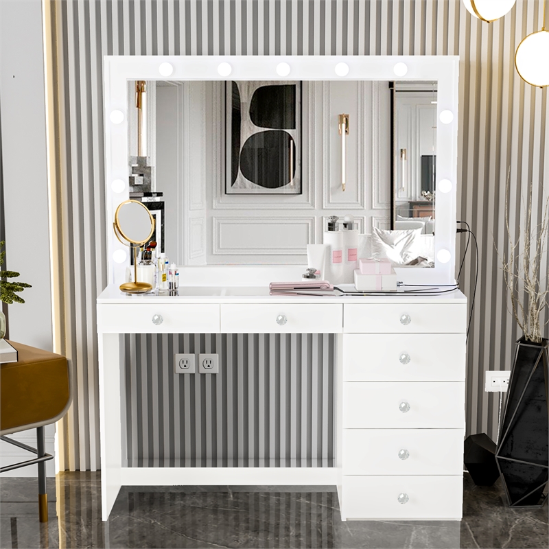 Boahaus Serena White Makeup Vanity (Crystal Ball Knobs)