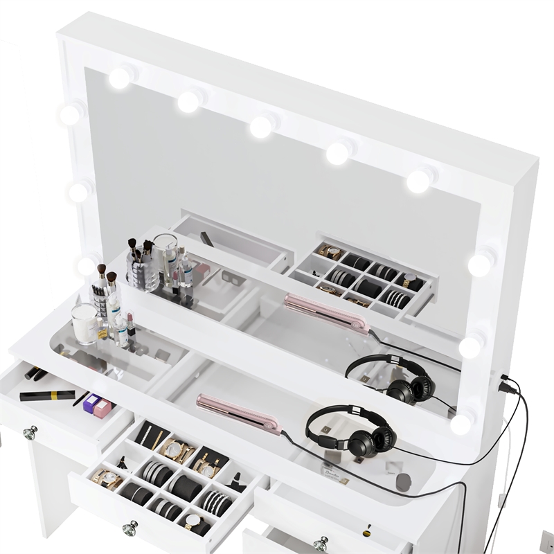 Boahaus Serena White Makeup Vanity (Crystal Knobs)