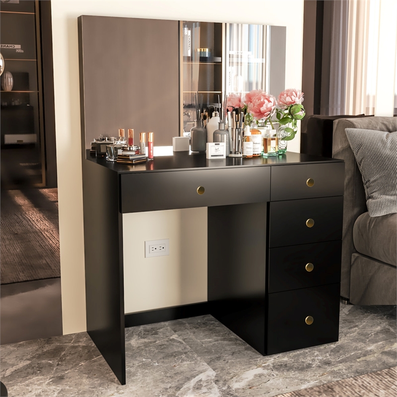 Boahaus Matilda Black Vanity Makeup Desk (Golden Knobs)