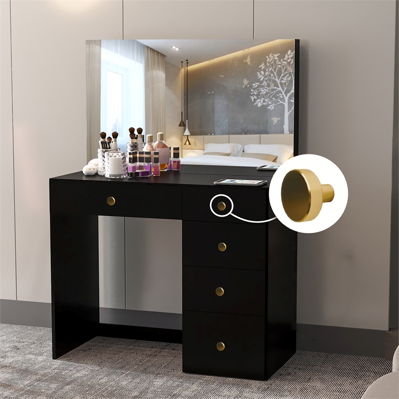 Boahaus Matilda Black Vanity Makeup Desk (Golden Knobs)