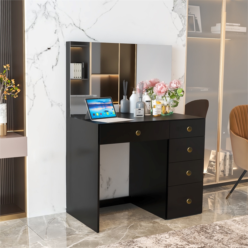 Boahaus Matilda Black Vanity Makeup Desk (Golden Knobs)