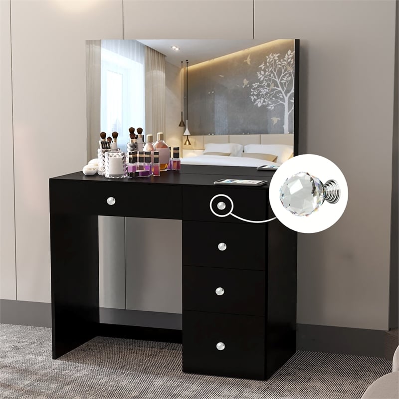Boahaus Matilda Black Vanity Makeup Desk (Crystal Ball Knobs)