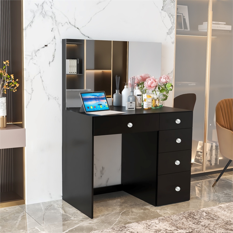 Boahaus Matilda Black Vanity Makeup Desk (Crystal Ball Knobs)