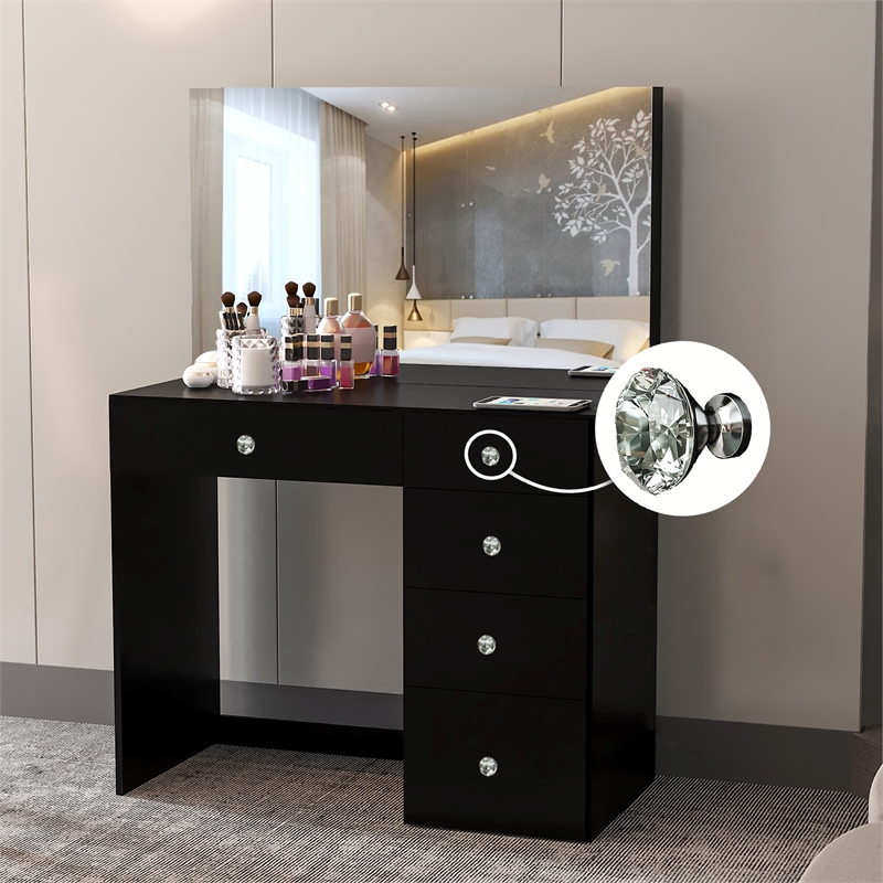 Boahaus Matilda Modern Black Vanity Makeup Desk (Crystal Knobs)