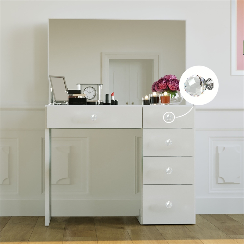 Boahaus Matilda Modern White Vanity Makeup Desk (Crystal Ball Knobs)