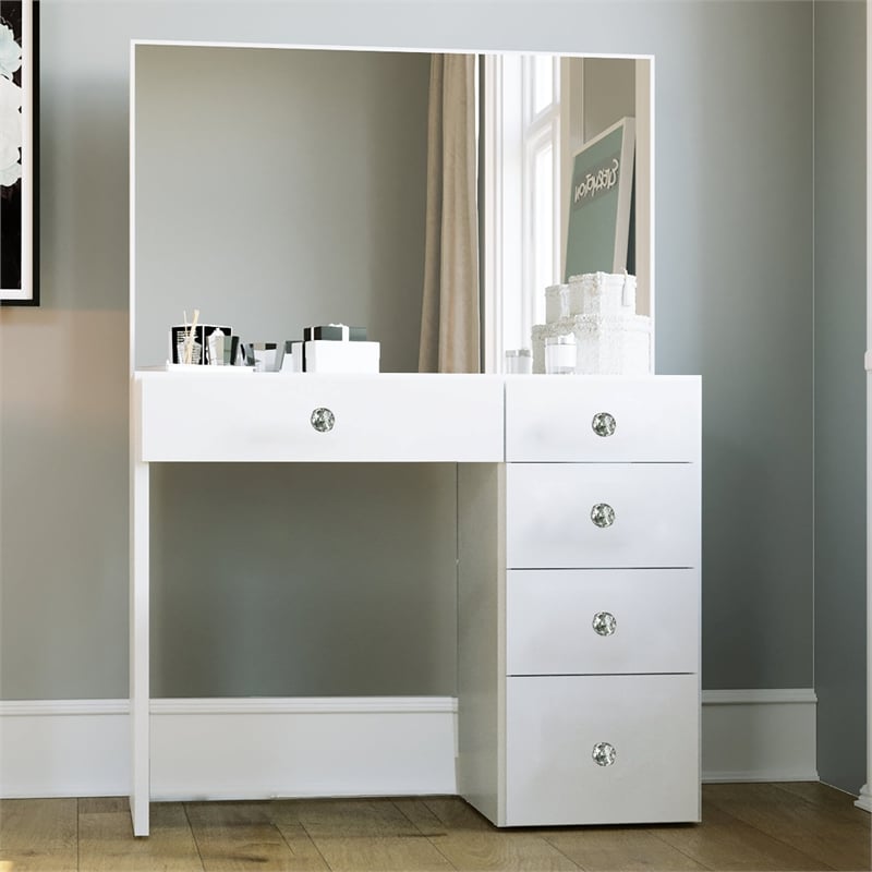 Boahaus Matilda Modern White Vanity Makeup Desk (Crystal Knobs)