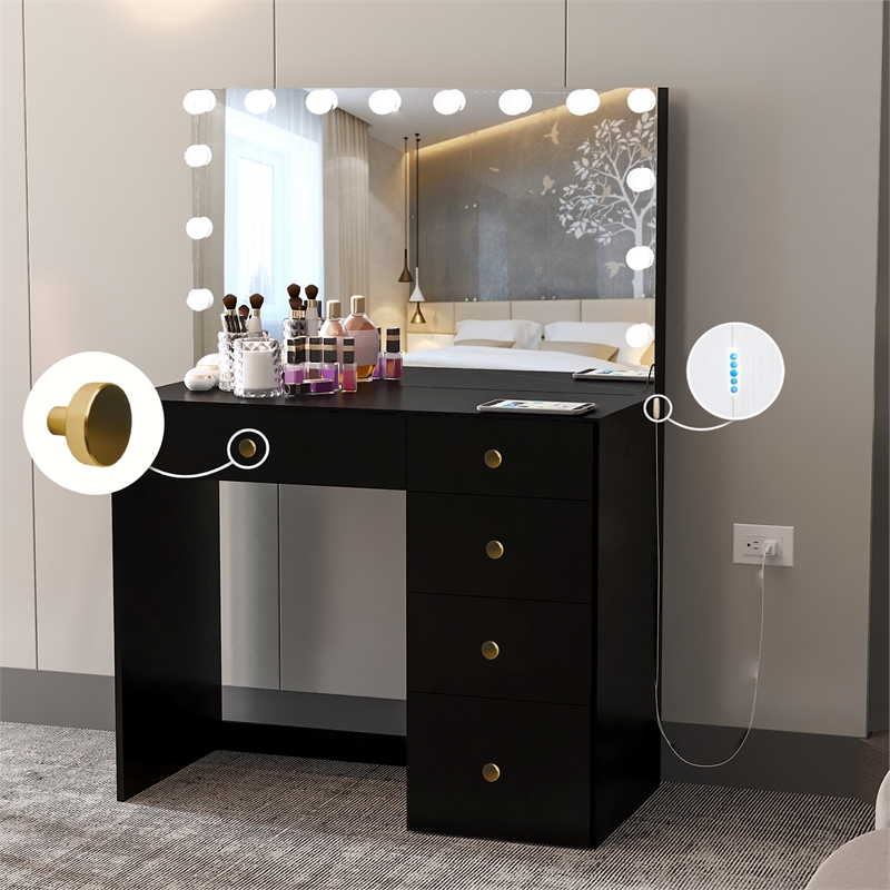Boahaus Saranya Black Makeup Vanity Desk (Golden Knobs)