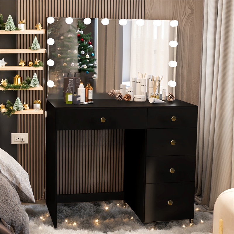 Boahaus Saranya Black Makeup Vanity Desk (Golden Knobs)