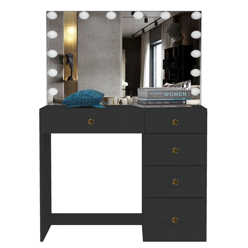 Boahaus Saranya Black Makeup Vanity Desk (Golden Knobs)