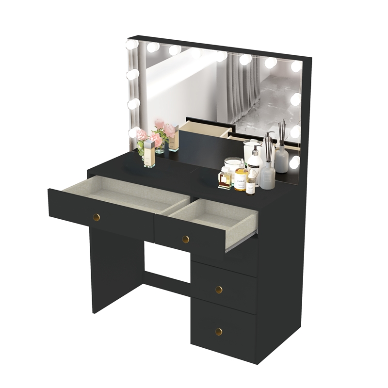 Boahaus Saranya Black Makeup Vanity Desk (Golden Knobs)