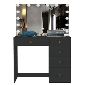 Boahaus Saranya Black Makeup Vanity Desk (Golden Knobs)