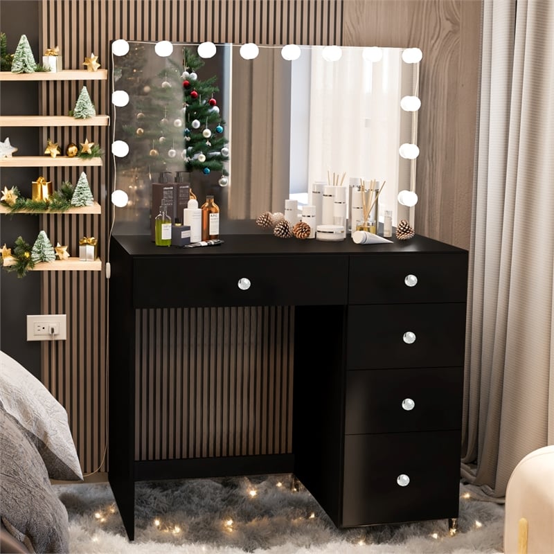 Boahaus Saranya Black Makeup Vanity Desk (Crystal Ball Knobs)