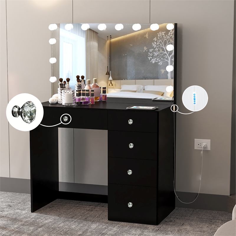 Boahaus Saranya Black Makeup Vanity Desk (Crystal Knobs)