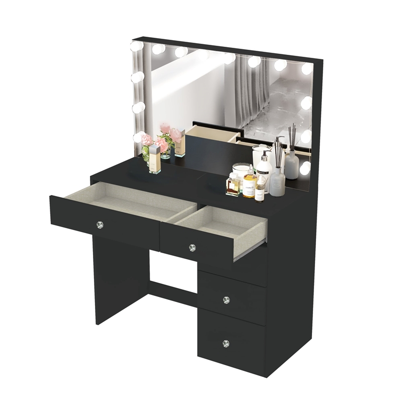 Boahaus Saranya Black Makeup Vanity Desk (Crystal Knobs)