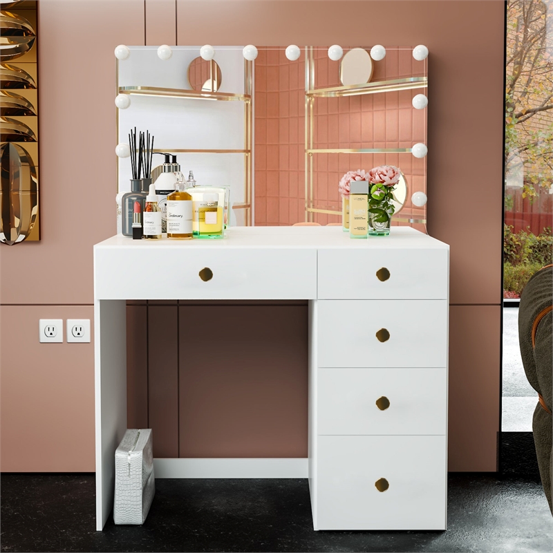 Boahaus Saranya White Makeup Vanity Desk (Golden Knobs)