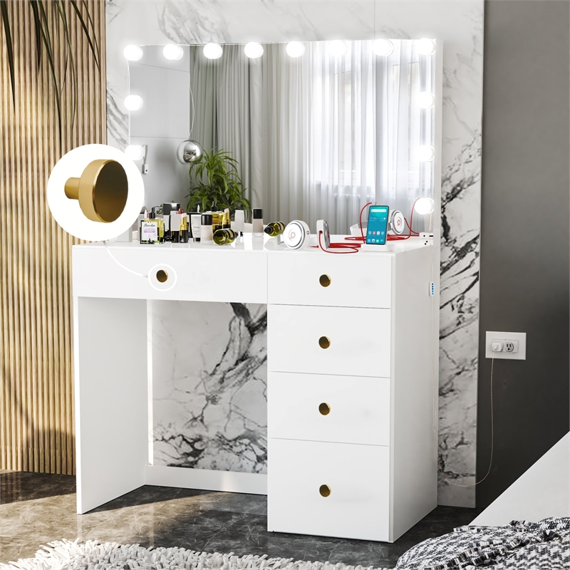 Boahaus Saranya White Makeup Vanity Desk (Golden Knobs)