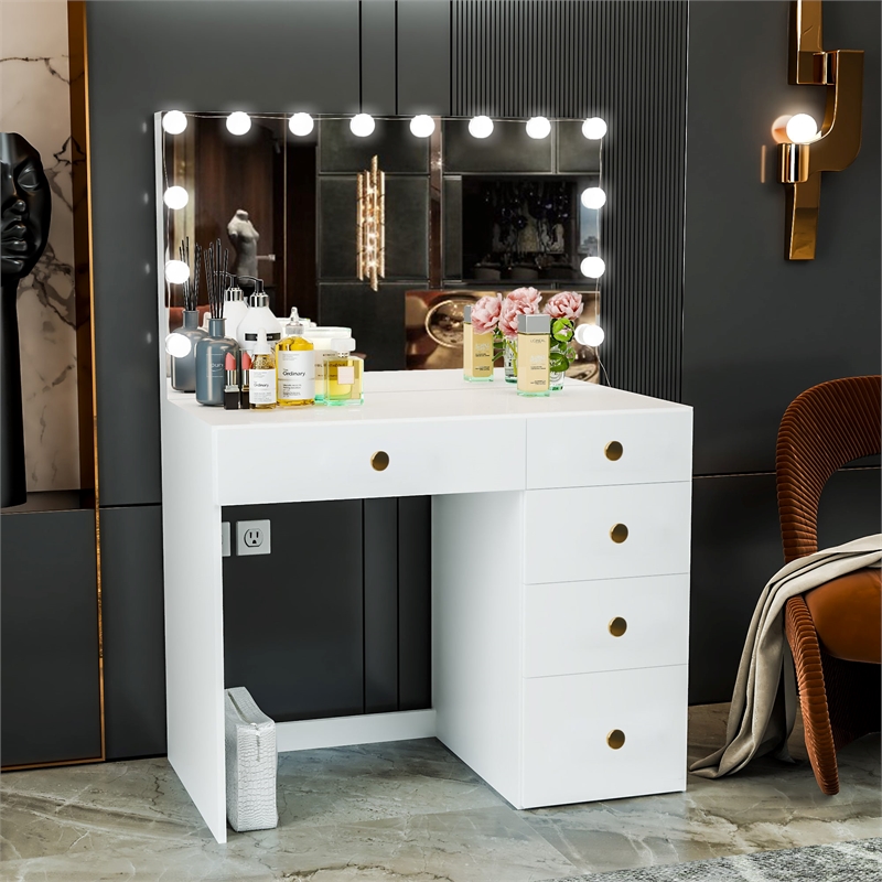 Boahaus Saranya White Makeup Vanity Desk (Golden Knobs)