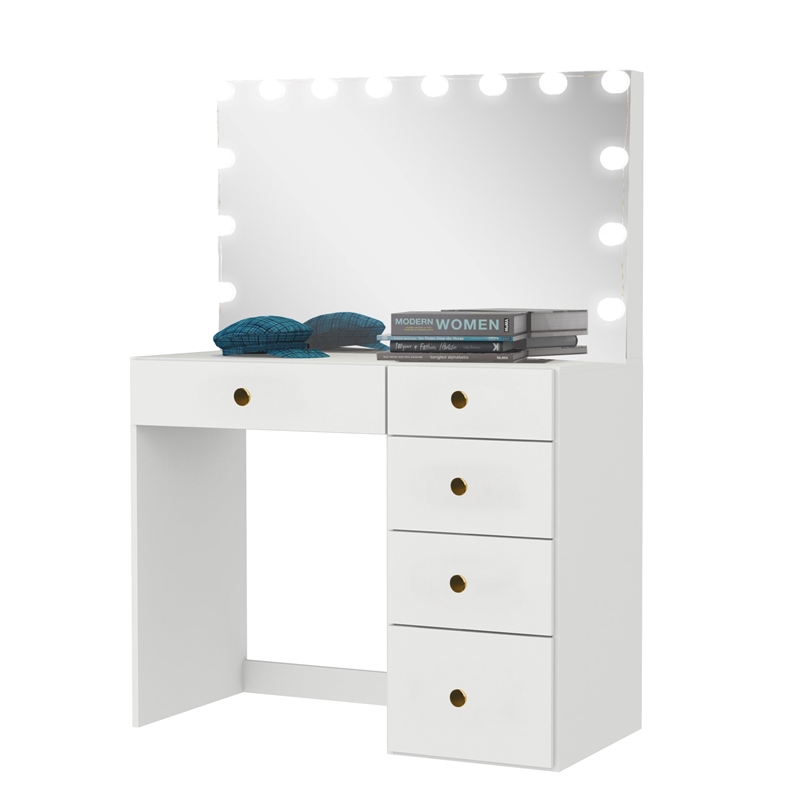 Boahaus Saranya White Makeup Vanity Desk (Golden Knobs)