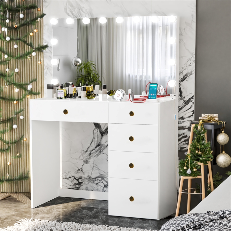 Boahaus Saranya White Makeup Vanity Desk (Golden Knobs)