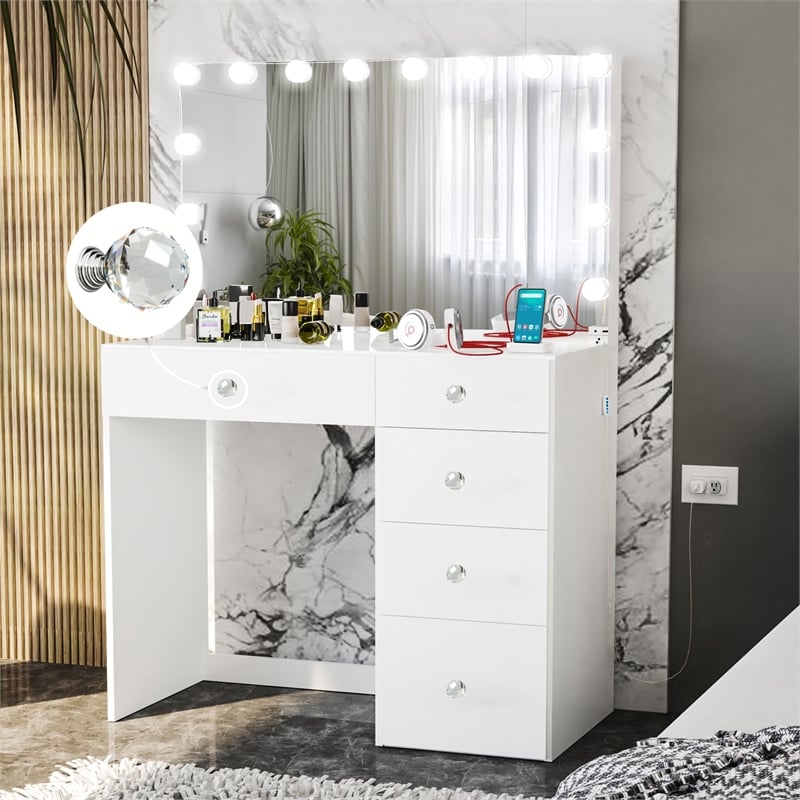 Boahaus Saranya White Makeup Vanity Desk (Crystal Ball Knobs)
