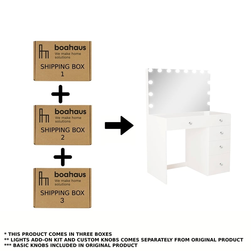 Boahaus Saranya White Makeup Vanity Desk (Crystal Ball Knobs)