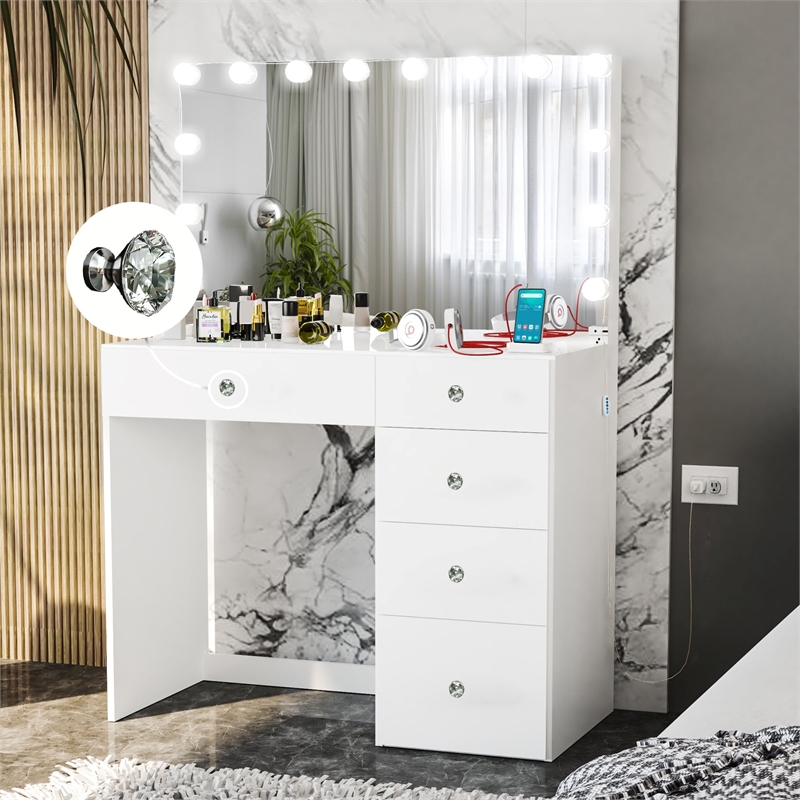 Boahaus Saranya White Makeup Vanity Desk (Crystal Knobs)
