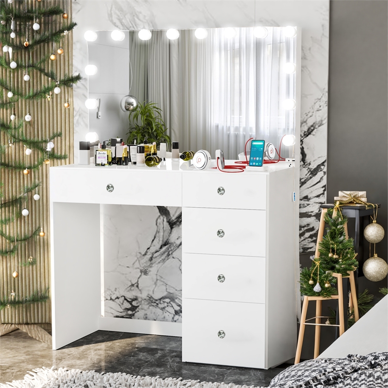 Boahaus Saranya White Makeup Vanity Desk (Crystal Knobs)