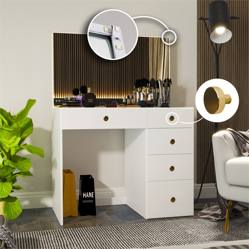 Boahaus Gaia Modern White Makeup Vanity Desk (Golden Knobs)