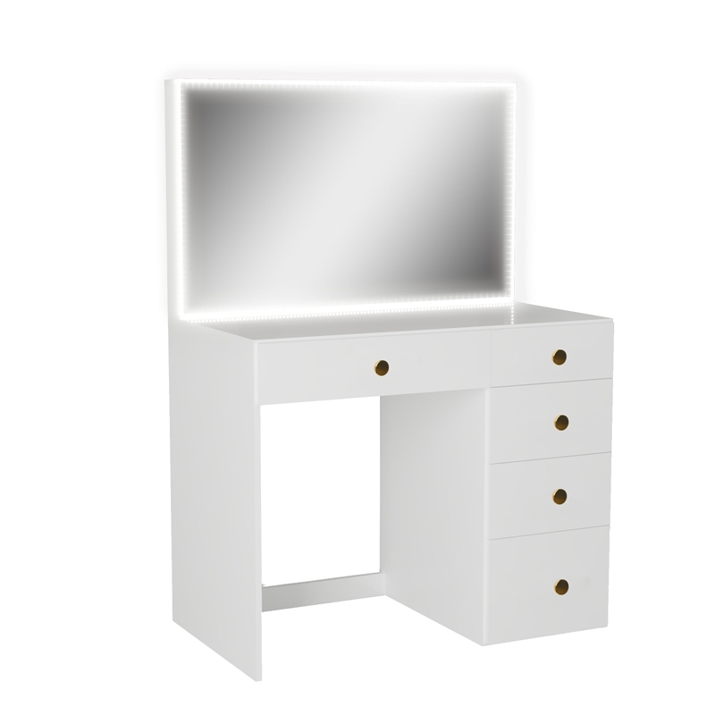 Boahaus Gaia Modern White Makeup Vanity Desk (Golden Knobs)