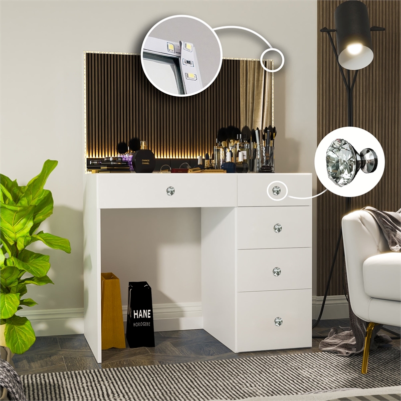 Boahaus Gaia Modern White Makeup Vanity Desk (Crystal Knobs)