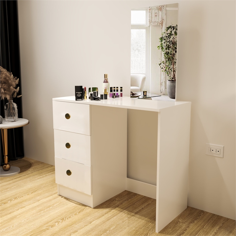 Boahaus Alexandra White Vanity Desk with 3 Drawers Golden Knobs