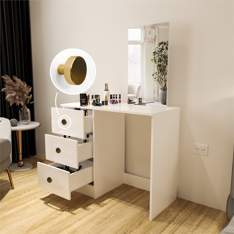 Boahaus Alexandra White Vanity Desk with 3 Drawers Golden Knobs