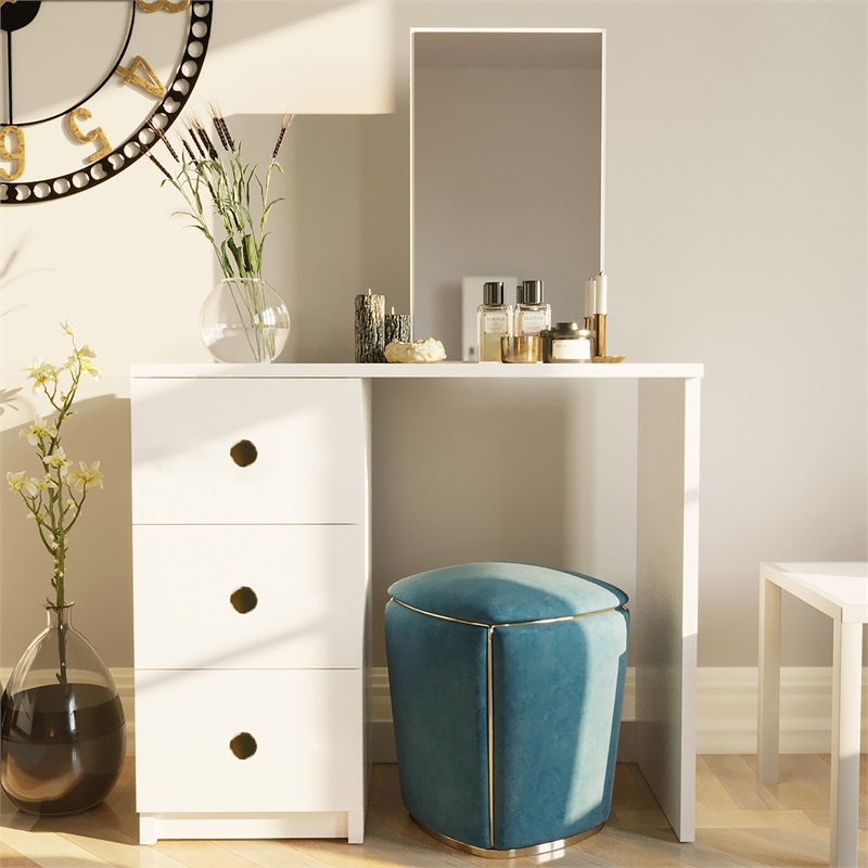 Boahaus Alexandra White Vanity Desk with 3 Drawers Golden Knobs