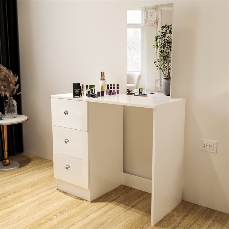 Boahaus Alexandra White Vanity Desk with 3 Drawers  Crystal Knobs