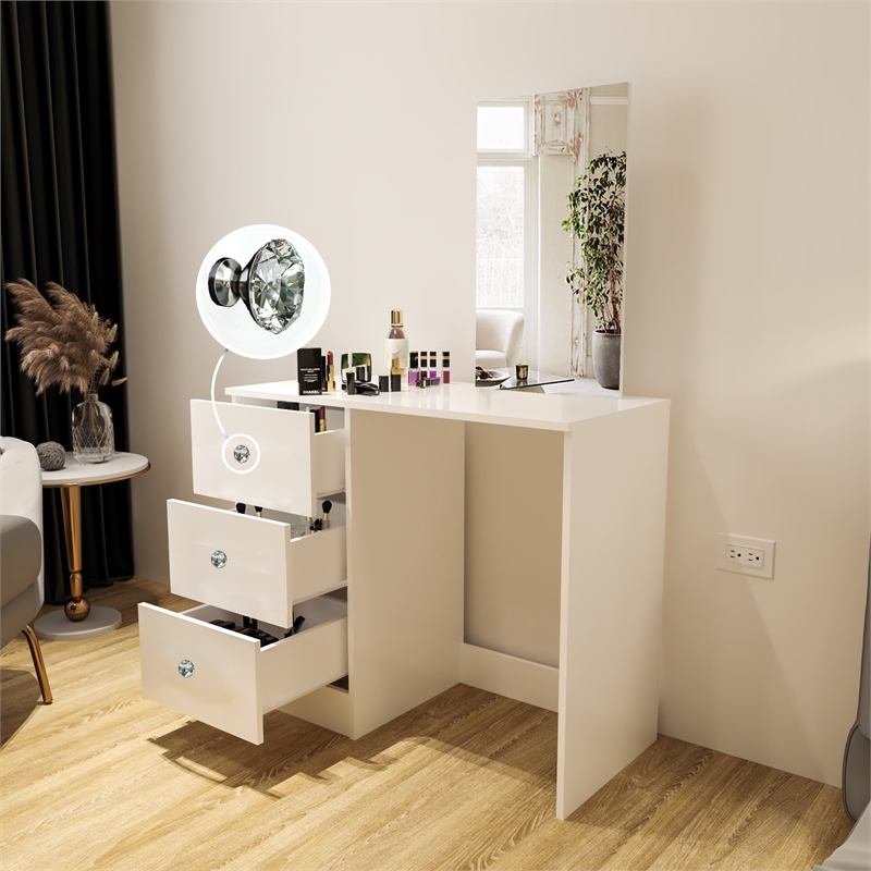 Boahaus Alexandra White Vanity Desk with 3 Drawers  Crystal Knobs