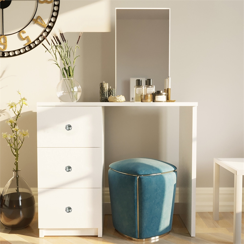 Boahaus Alexandra White Vanity Desk with 3 Drawers  Crystal Knobs