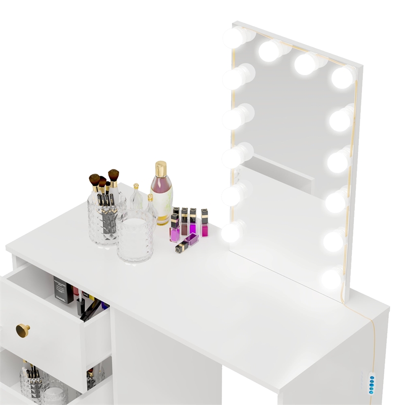 Boahaus Iris White Dressing Table with Light Bulbs Golden Knobs