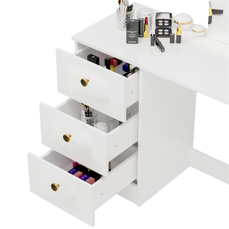 Boahaus Iris White Dressing Table with Light Bulbs Golden Knobs