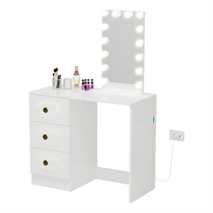 Boahaus Iris White Dressing Table with Light Bulbs Golden Knobs