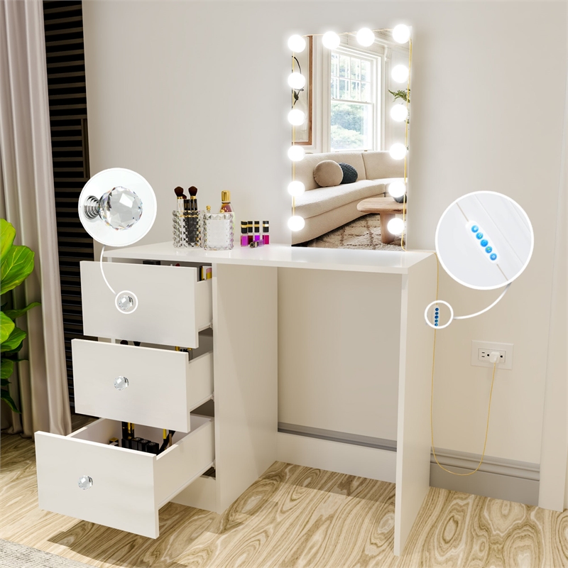 Boahaus Iris White Dressing Table with Light Bulbs Crystal Ball Knobs
