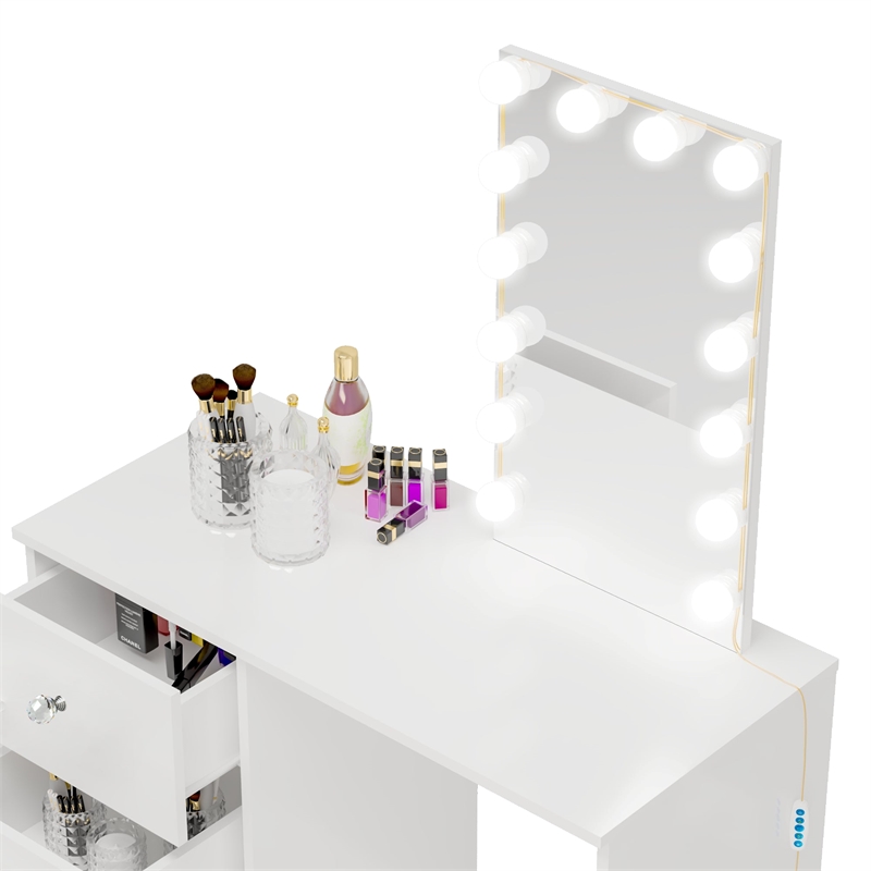 Boahaus Iris White Dressing Table with Light Bulbs Crystal Ball Knobs