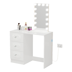 Boahaus Iris White Dressing Table with Light Bulbs Crystal Ball Knobs
