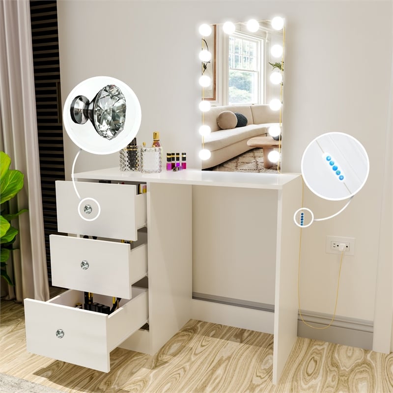 Boahaus Iris White Dressing Table with Light Bulbs Crystal Knobs