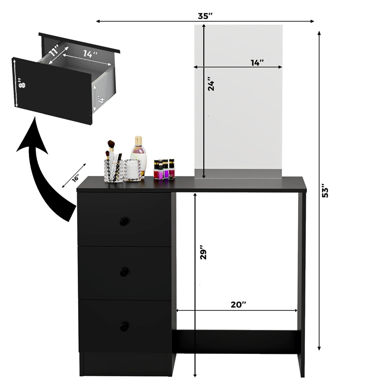 Boahaus Alexandra Black Vanity Desk with 3 Drawers Basic Knobs