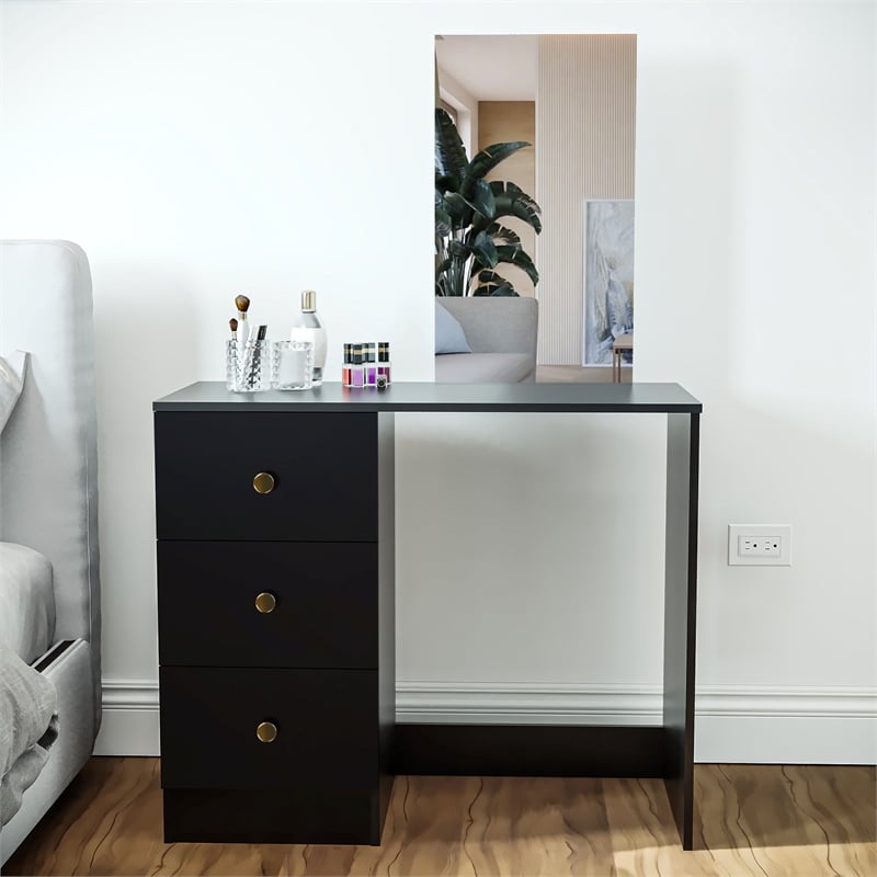 Boahaus Alexandra Black Vanity Desk with 3 Drawers  Golden Knobs