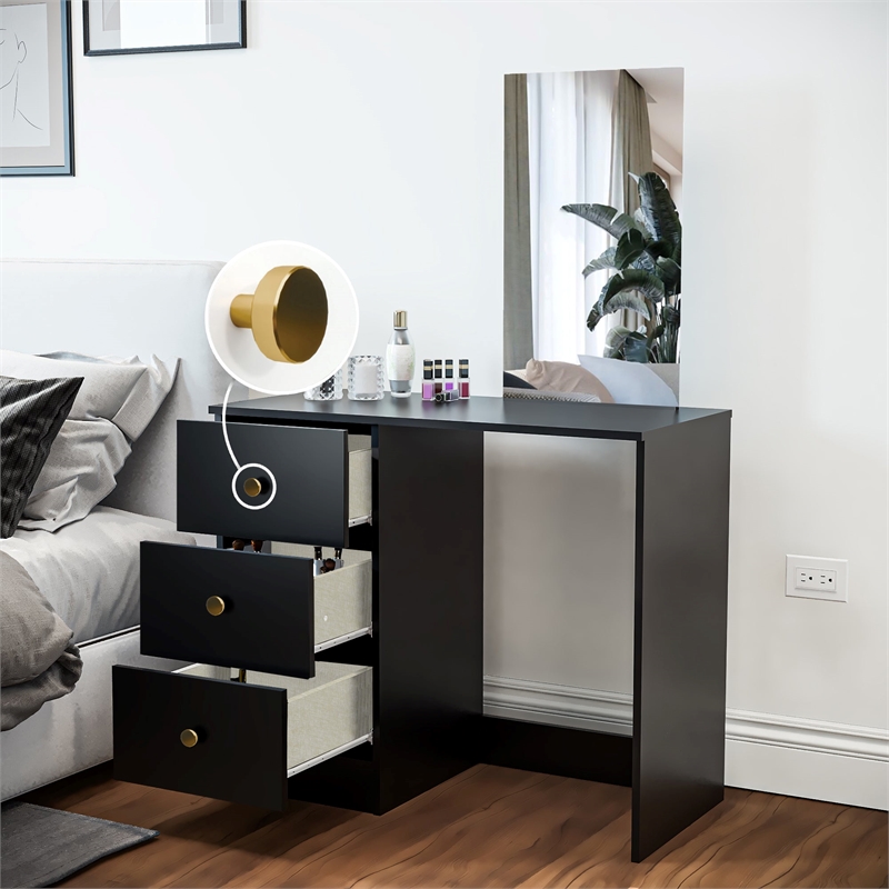 Boahaus Alexandra Black Vanity Desk with 3 Drawers  Golden Knobs