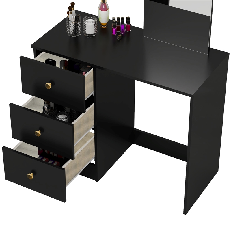 Boahaus Alexandra Black Vanity Desk with 3 Drawers  Golden Knobs