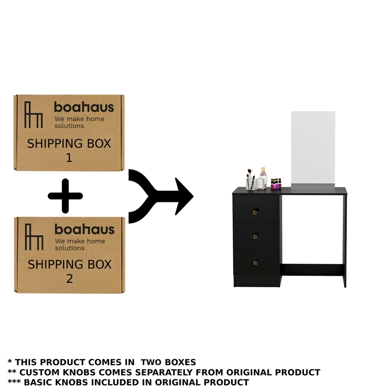 Boahaus Alexandra Black Vanity Desk with 3 Drawers  Golden Knobs